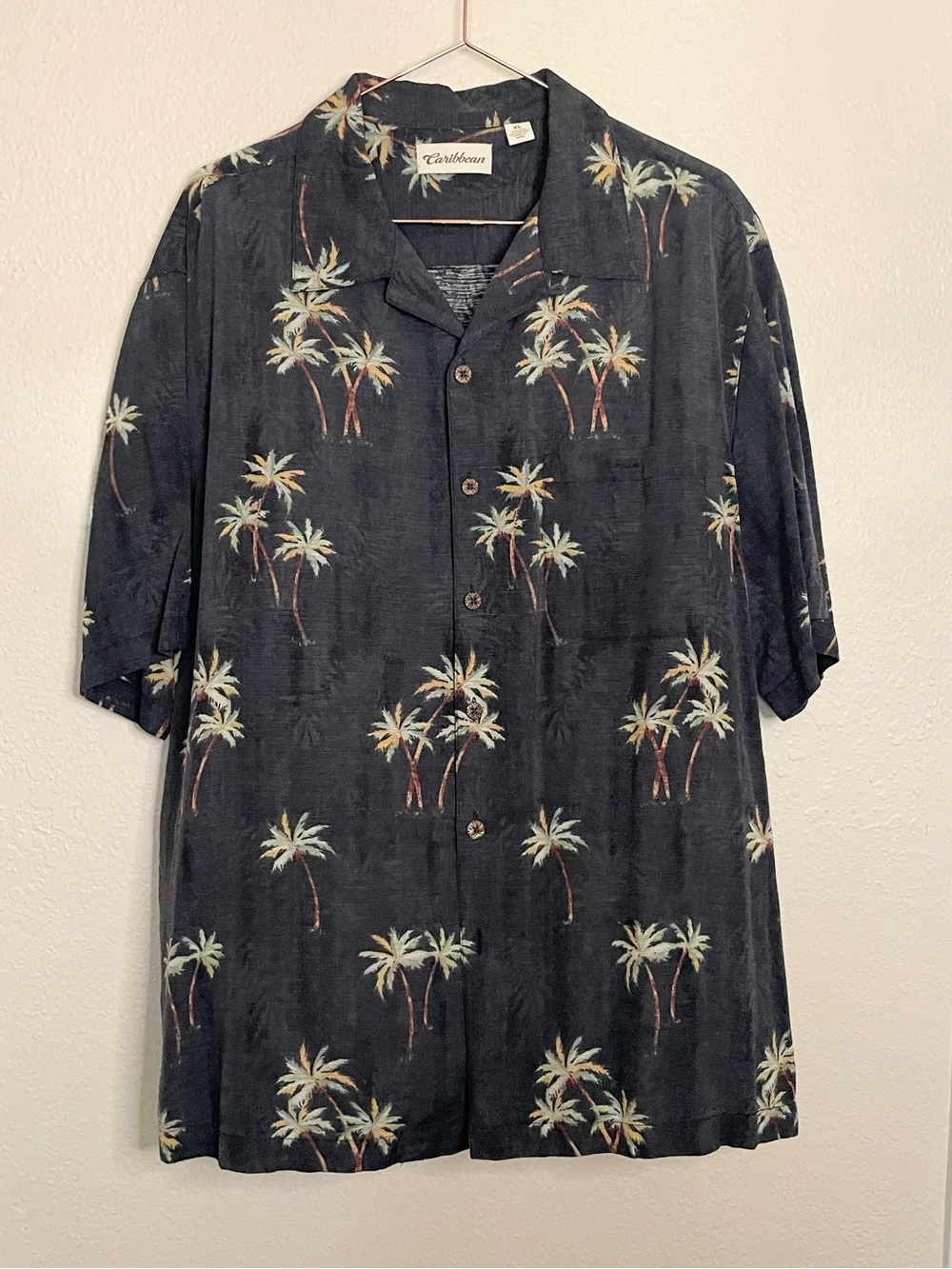 Caribbean Men XL Silk Blend Palm Tree Hawaiian Camp Shirt Button Up